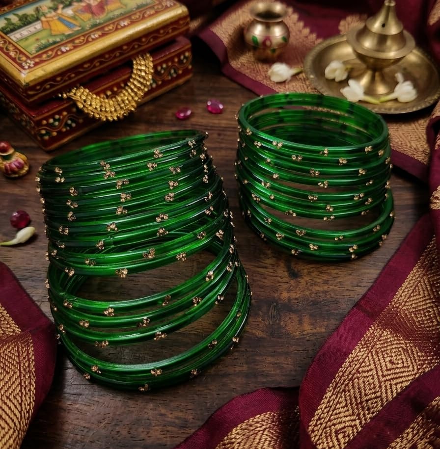NMII Viral & Trendy Glass Bangles with Zircon Gemstone Work For Women & Girls | Designer Glass ki Chudi | Stylish Kanch Ki Choodi | Stylish Girl's Bangles Bracelet for Wedding, Party - Set of 24