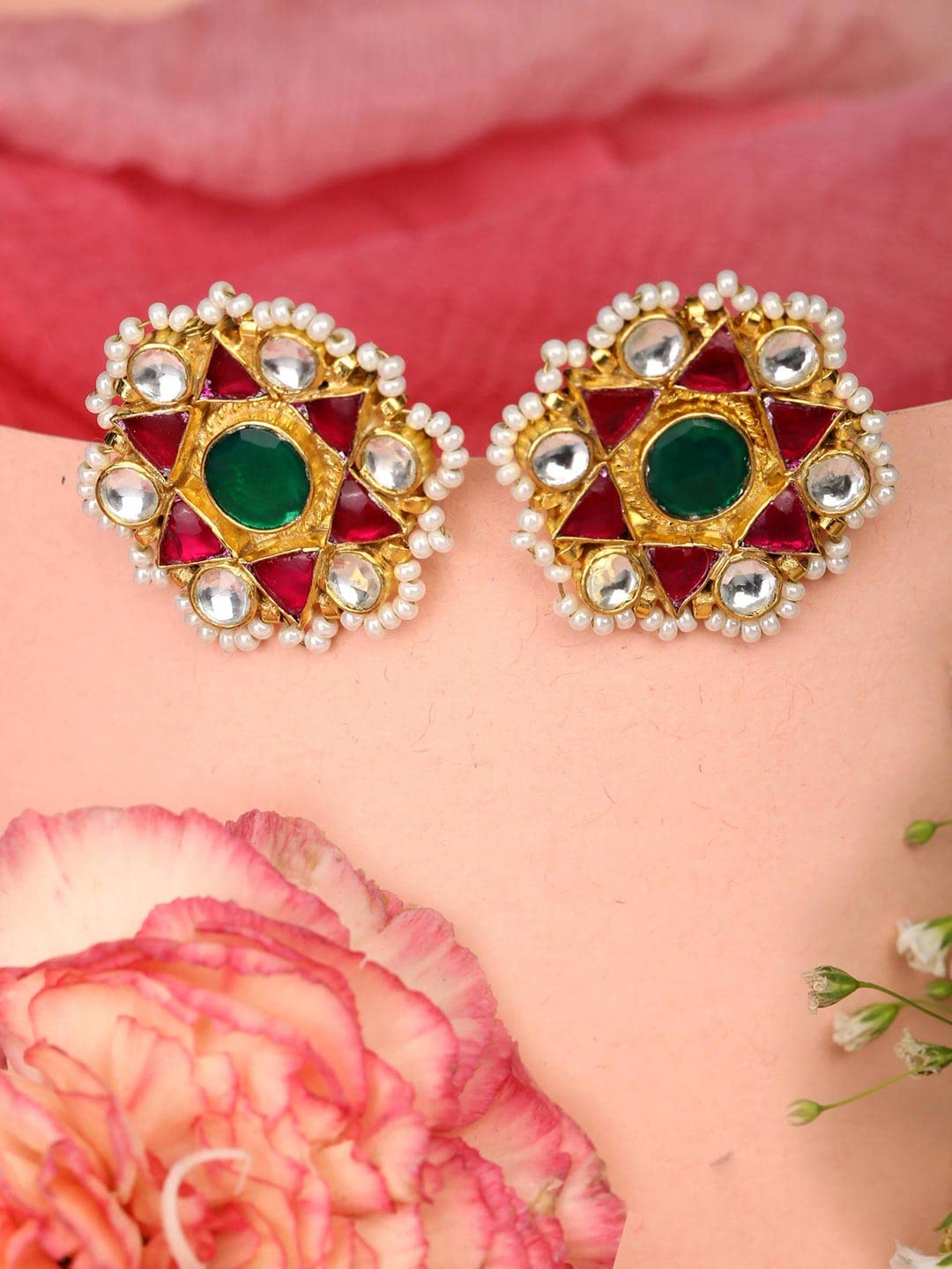 Priyaasi Ruby Kundan Beads Gold Plated Studs, rani, One Size (EAR-PR-50652)