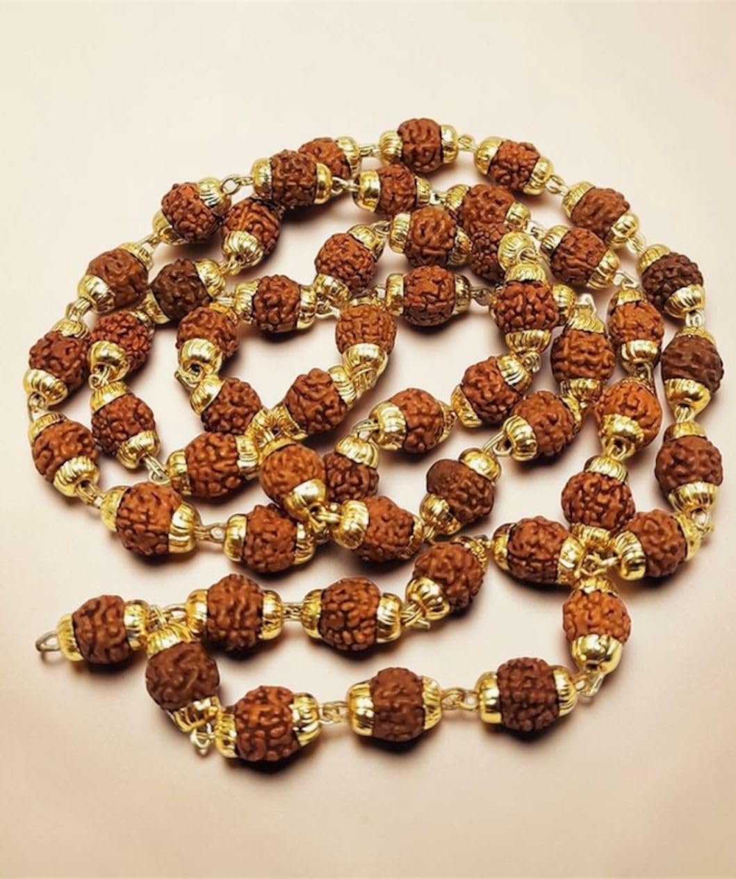 RUDRADIVINE 5 Mukhi Rudraksha Mala, Gold-Plated, 54 Beads, Brown, for Meditation, Yoga, Chanting and Prayer