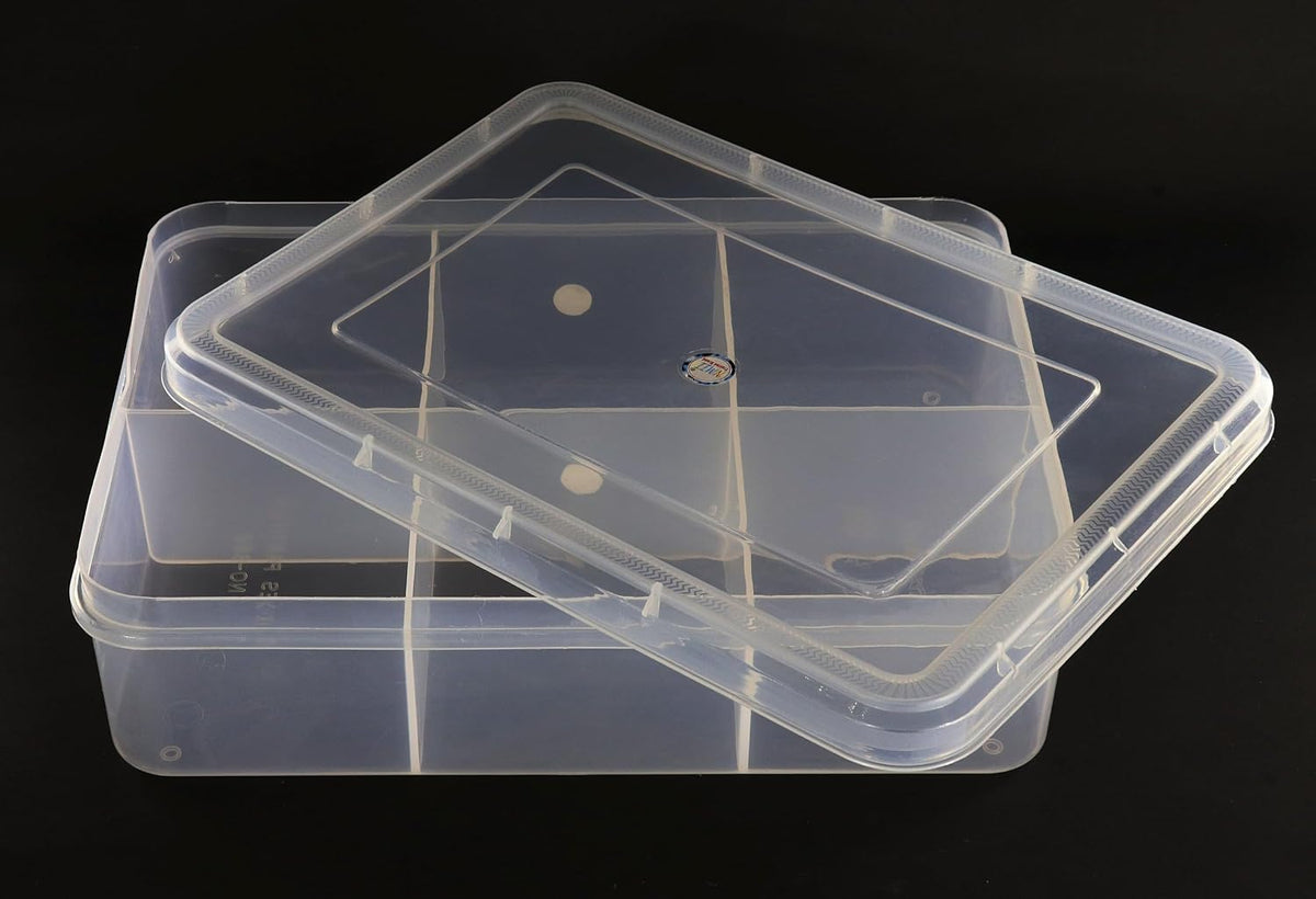 NMII Multipurpose Plastic Storage Box with Partitions | Transparent Organizer with Secure Lid | Ideal for Stationery, Craft Supplies, Tools, and Jewellery, Accessories | Lightweight-(6 Partitions)