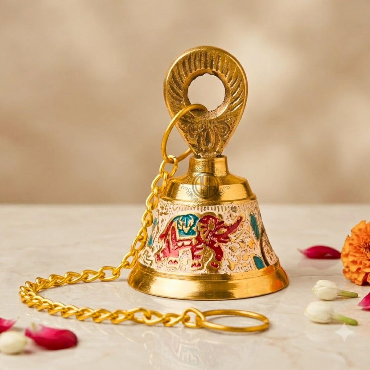 DSH Pure Brass Hanging Bell with Chain for Temple Mandir Door Home Decorative Ringing Bell (White, 1)