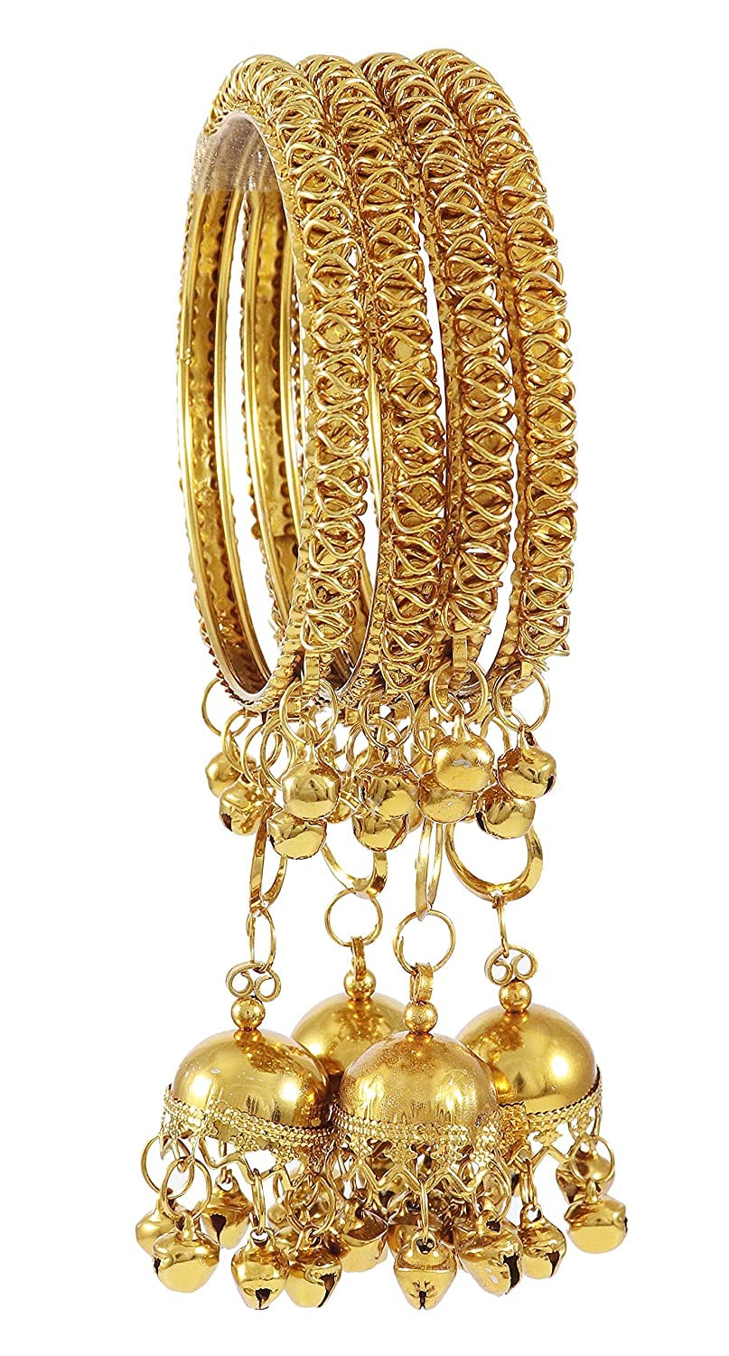 NMII Non-Precious Metal Base Metal with Leaf Shaped and Bracelet Bells Glossy Finished Latkan Kada Set For Women and Girls