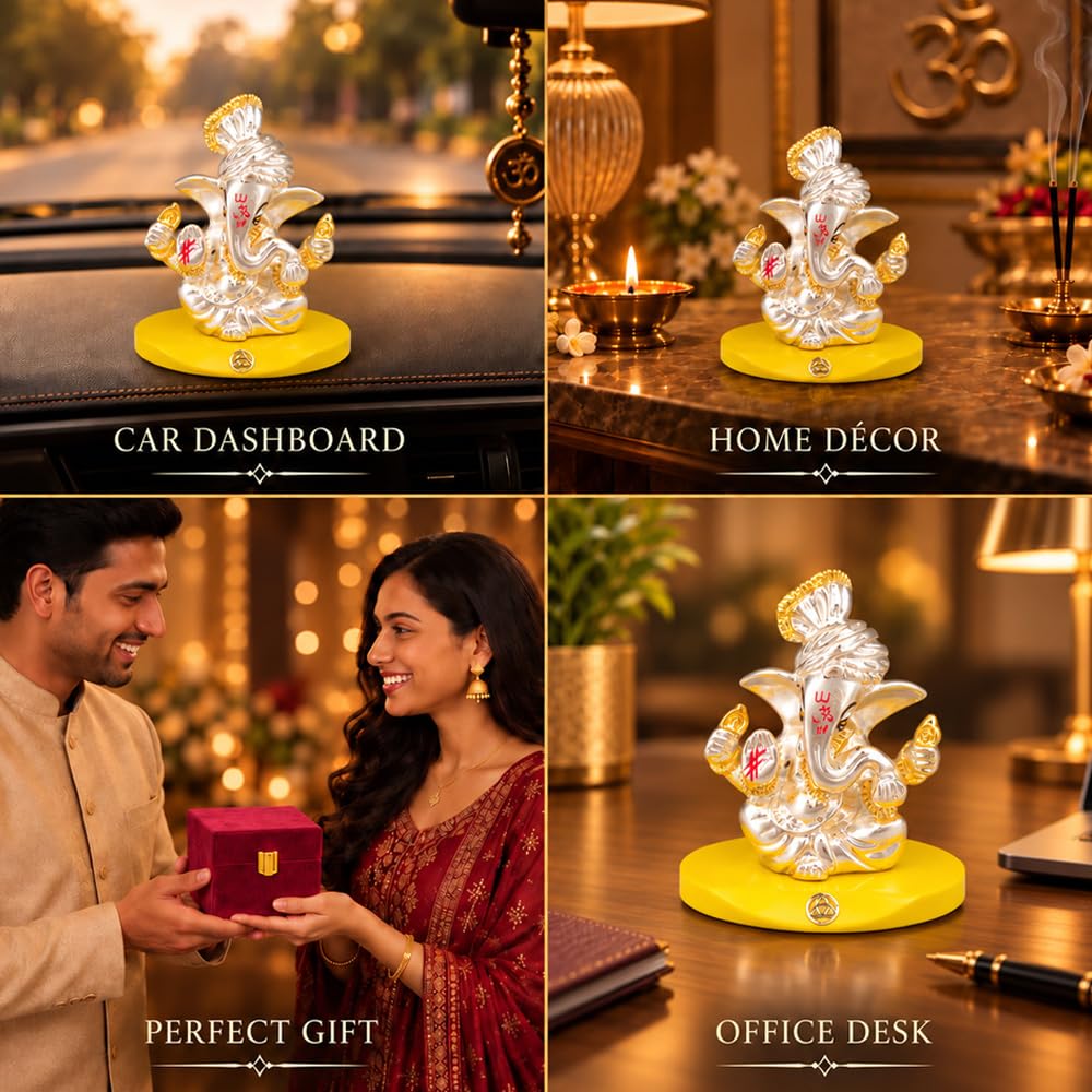 DIVINITI Pagdi Ganesha Idol with Silver-Tone Finish & Gold Accents | Lord Ganesh Showpiece with Yellow Display Base & Premium Gift Box | Home, Office, Car Dashboard & Gifting | 7 x 7 cm