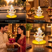 DIVINITI Pagdi Ganesha Idol with Silver-Tone Finish & Gold Accents | Lord Ganesh Showpiece with Yellow Display Base & Premium Gift Box | Home, Office, Car Dashboard & Gifting | 7 x 7 cm