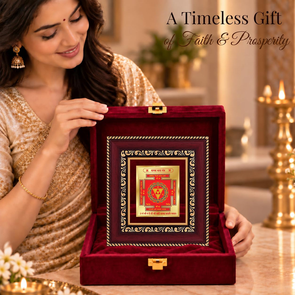 DIVINITI 24K Gold-Plated Kanakdhara Yantra Frame | Sacred Yantra for Wealth, Prosperity & Positivity | Home, Office & Pooja Room Decor | Premium Gift Box | 12 x 11 CM