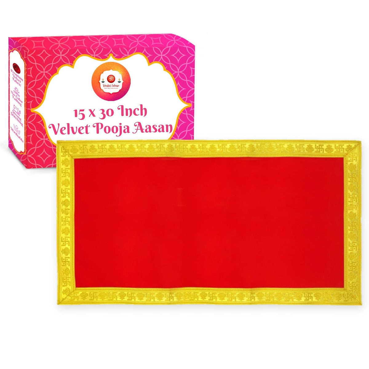Bhakti Lehar Red Velvet Pooja Cloth | Aasan for God Idol Sitting, Mandir Shelf, Puja Chowki Table and Home Temple Decoration - (15 x 30 Inch)