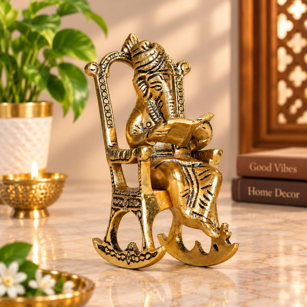 KridayKraft Metal Chair Ganesh ganpati Idol with Reading Ramayan Home Decoration and Gifts for Your Love Once