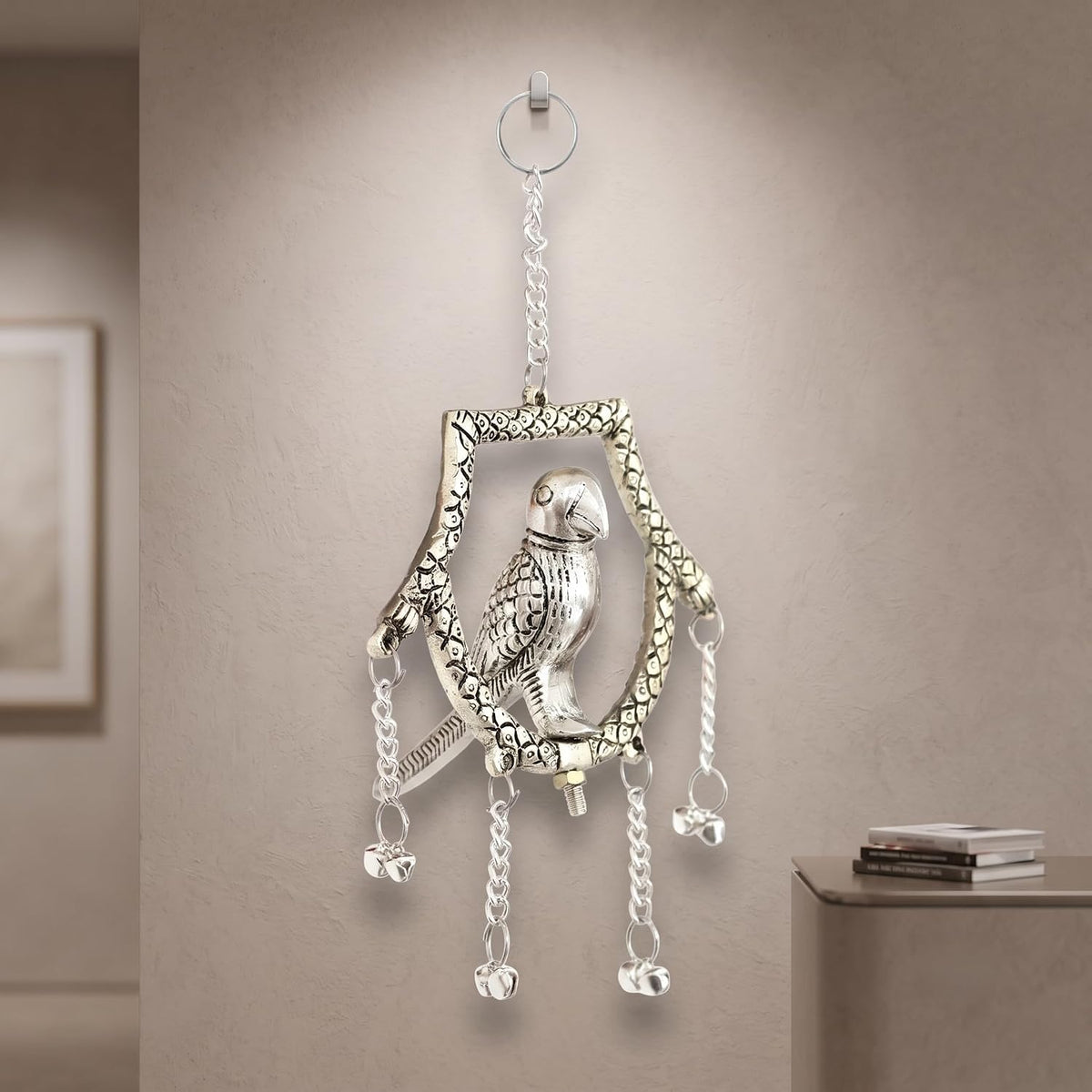 KridayKraft Silver Plated Tikona Parrot Metal Hanging Décor with Chains and Bells | Traditional Indian Wall Hanging Showpiece for Living Room, Home Entrance & Vastu (22 cm x 12 cm)