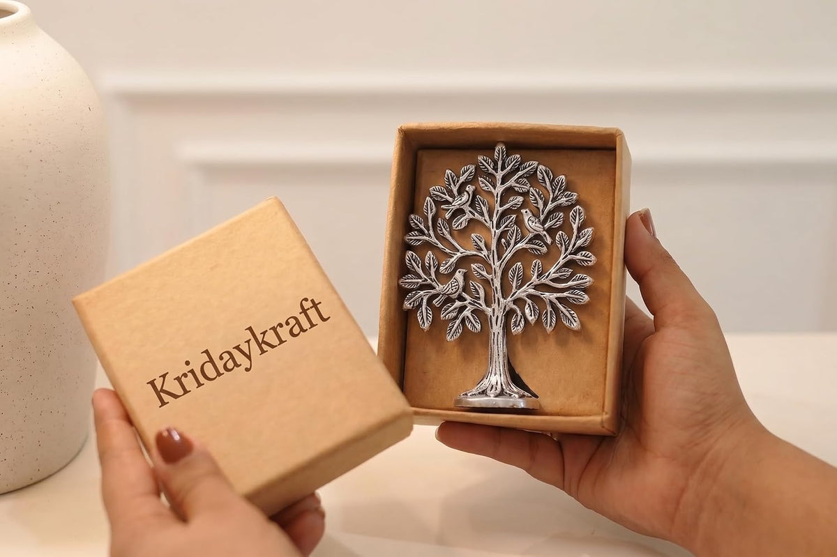 KridayKraft Metal Kalpavriksha Tree for Home Decor - Golden Wish Fulfilling Tree Metal Showpiece for Temple, Vastu, Office Table & Gifting Banyan (No 0 Silver)
