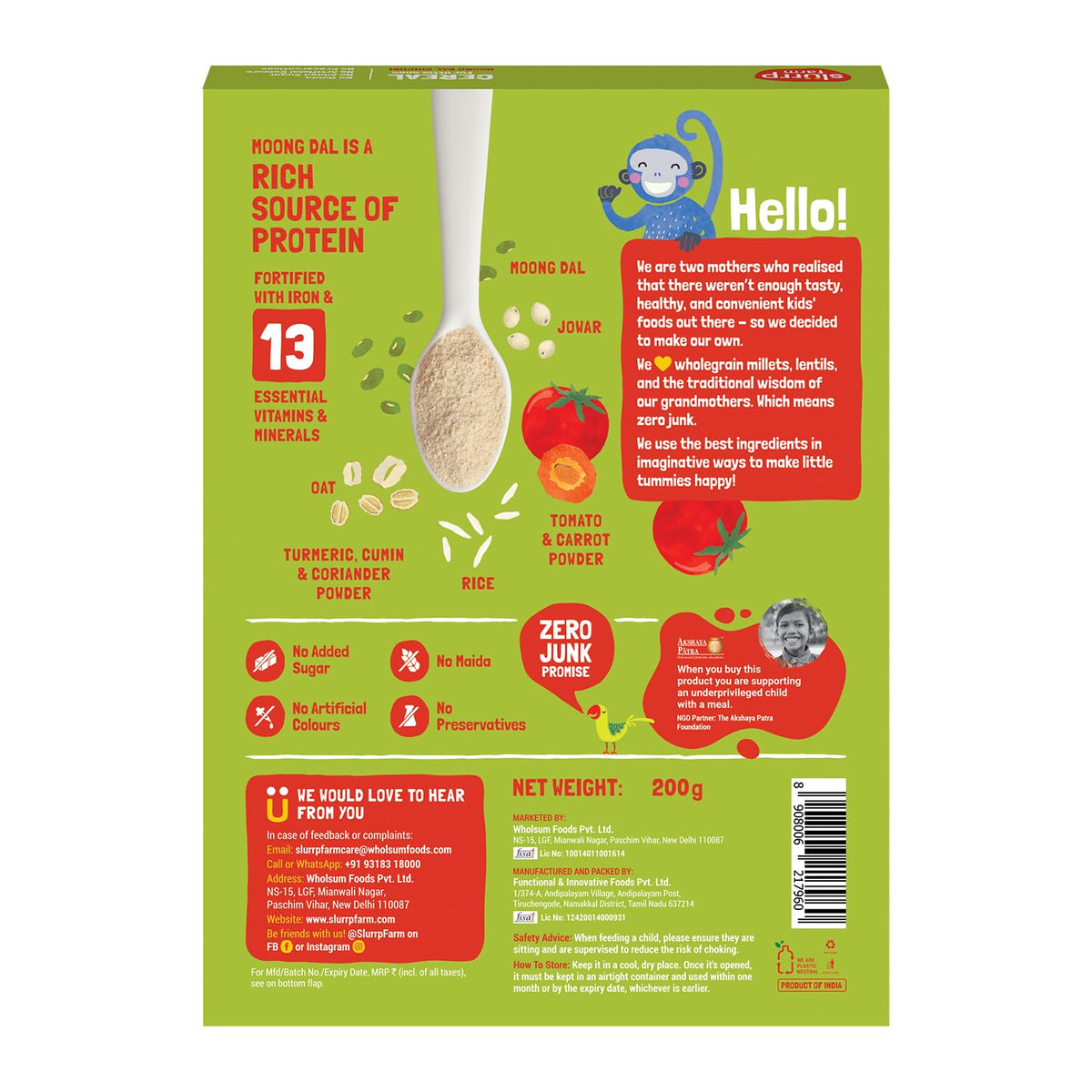 Slurrp Farm No Added Sugar Instant Moong Dal Khichdi for Little Ones | No Salt, No Milk | Healthy Cereals for Kids with Real Vegetables | Great for Travel | Easy to digest, 200g