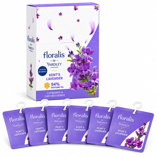 Yardley London Floralis Kent's Lavender Cupboard & Car Freshener (10g) | 94% Perfume Oil Sachet | Long-Lasting Fragrance Up to 45 Days for Wardrobes, Drawers & Cars (Kent Lavender) (Pack of 6)