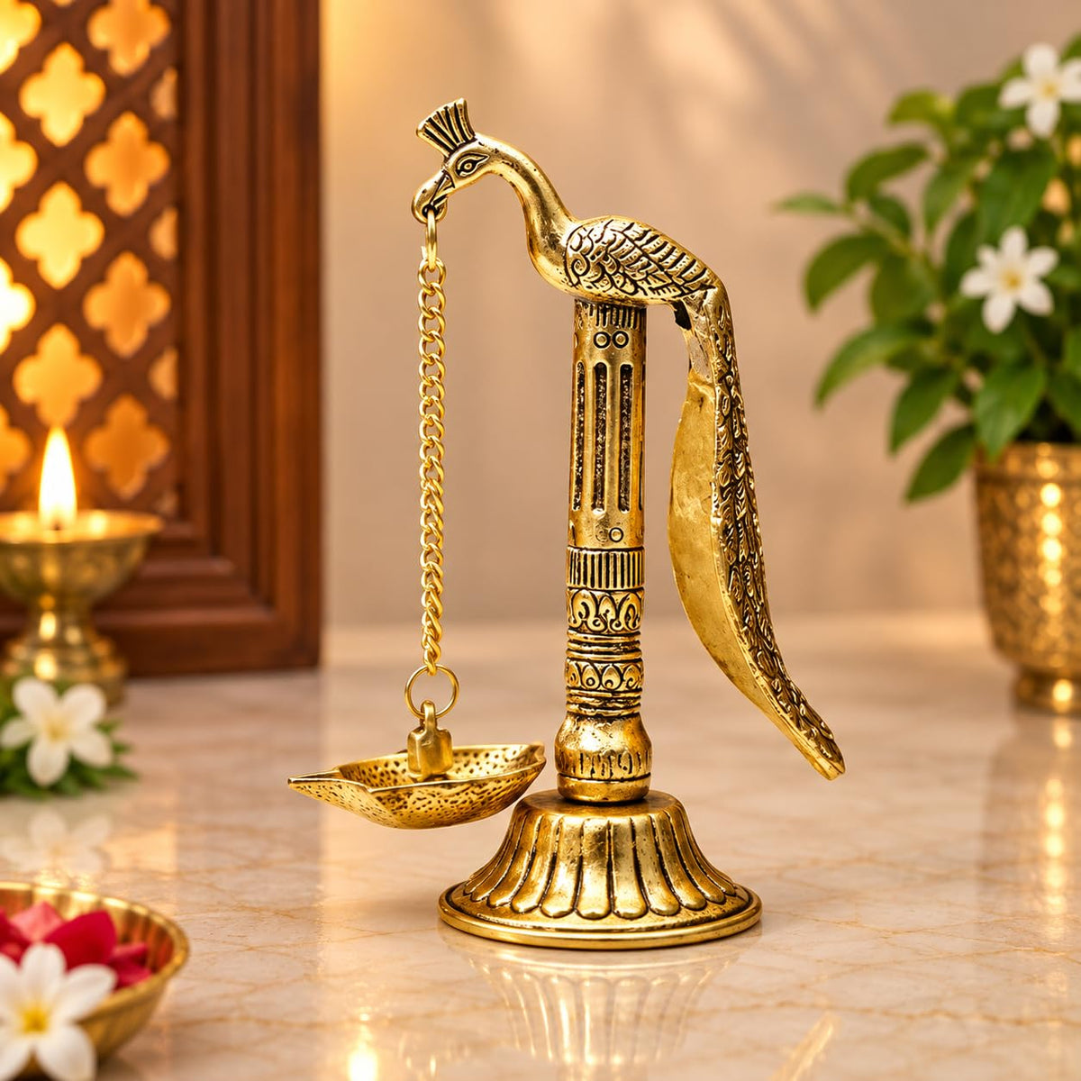 KridayKraft Peacock Design Metal Hanging with Chain Diya Pair of Peacock Design Bird Diya Deepak Oil Lamp
