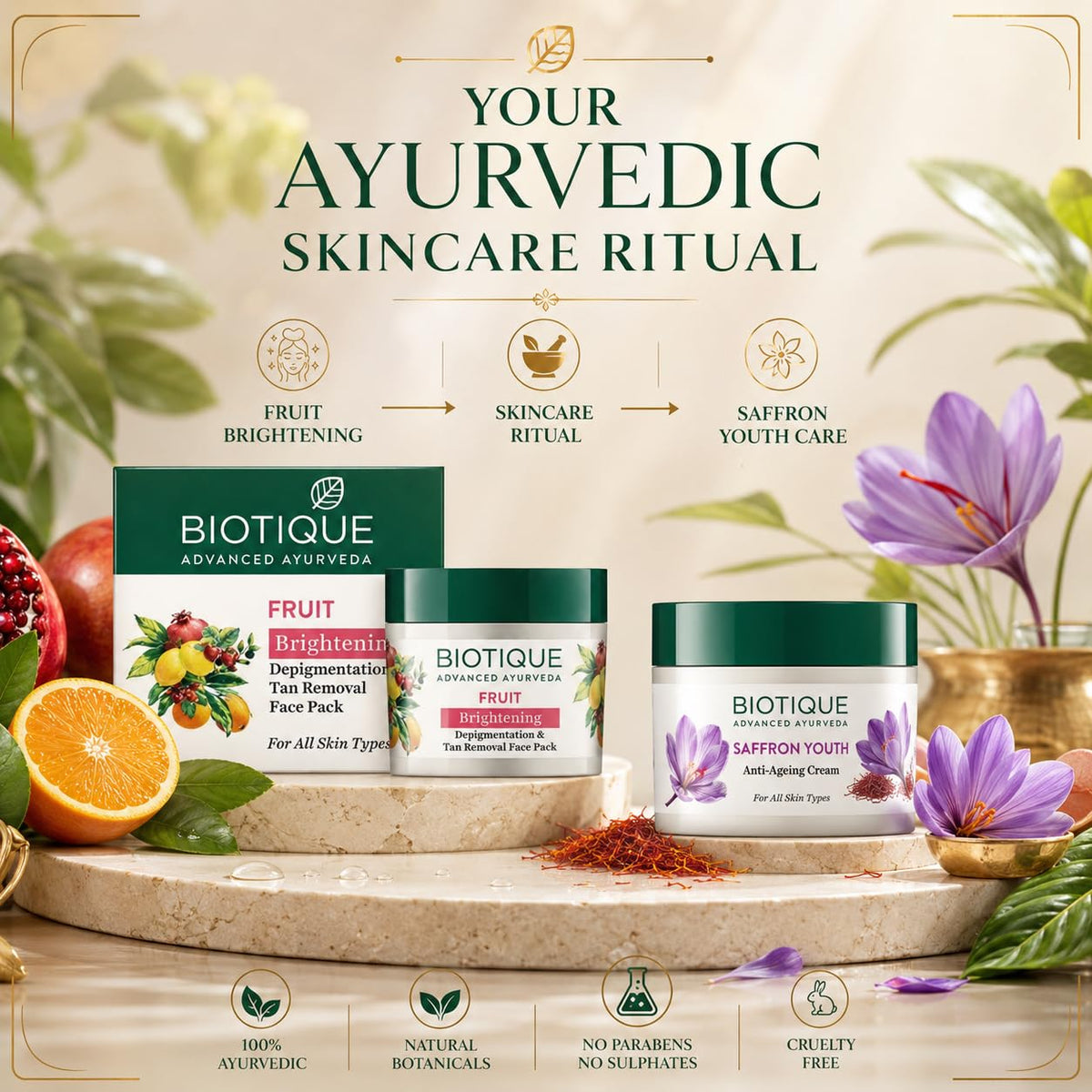 BIOTIQUE Fruit Whitening Face Pack 75g And Saffron Dew Cream for All Skin Types 175g (250 ml)