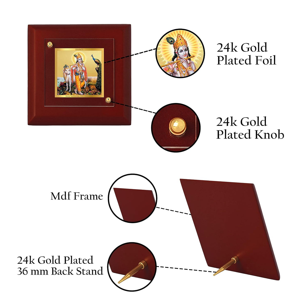 DIVINITI Lord Krishna 24K Gold Plated MDF Photo Frame|Premium Religious Table Top Frame for Home, Office & Prayer Room|Luxury Spiritual Gift Item for Housewarming, Festive Gifting|10 x 10 CM