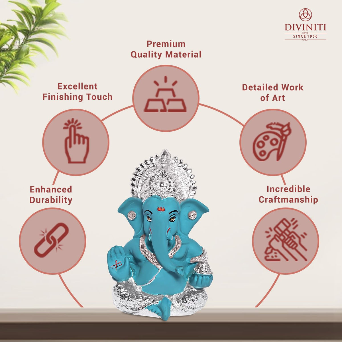 DIVINITI 999 Silver Plated Resin Lord Ganesha Idol for Car Dashboard, Tabletop|Ganesh Statue for Good Luck and Success|Ganpati Murti for Home Decor Mandir, Office Desk Puja Gift Teal (8.4x4.2cm)