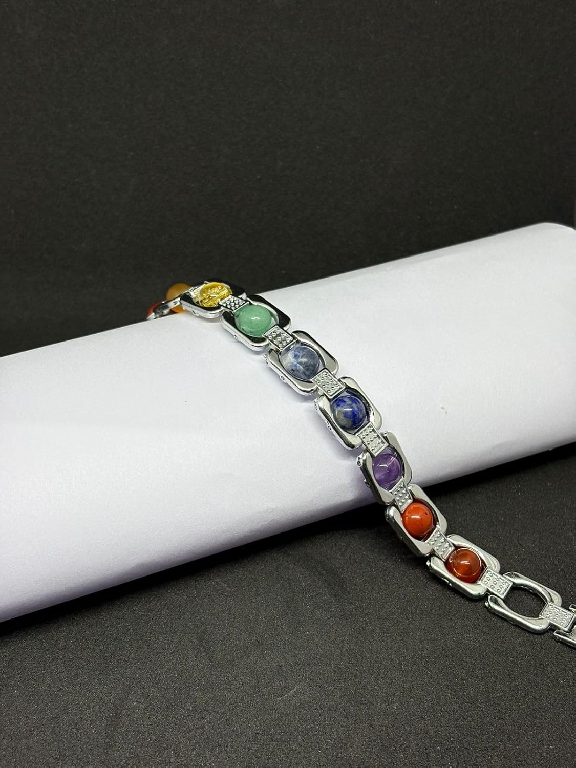 RUDRADIVINE Natural Chakra Stone Bracelet Silver Tone Energy Jewelry