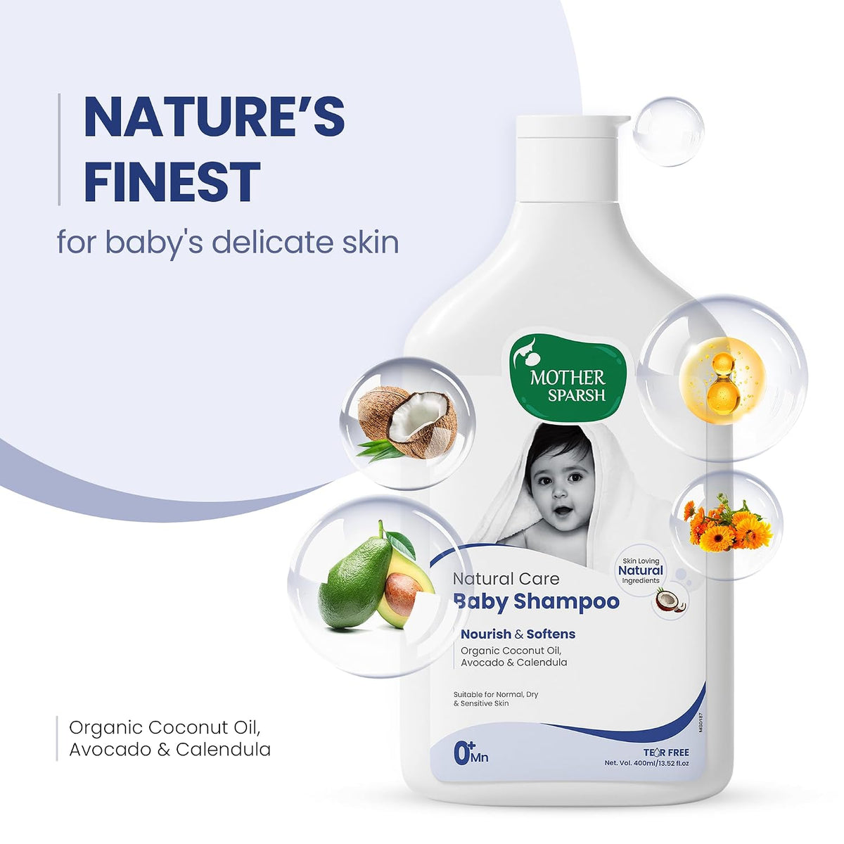 Mother Sparsh Natural Care Baby Shampoo-200ml | Tear Free Shampoo for Babies With Organic Coconut Oil, Calendula & Avocado | Suitable for Newborn Sensitive Skin