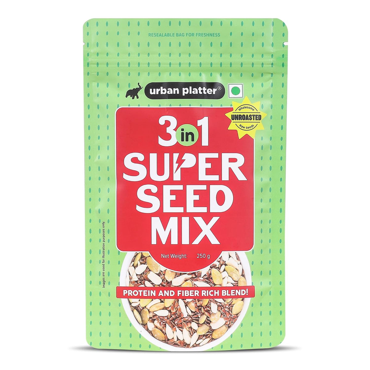 Urban Platter Unroasted 3-in-1 Super Seed Mix, 250g (High Protein & Fiber | Pumpkin, Sunflower & Flax Seed Blend | Raw & Ready-to-Eat Superfood Snack)