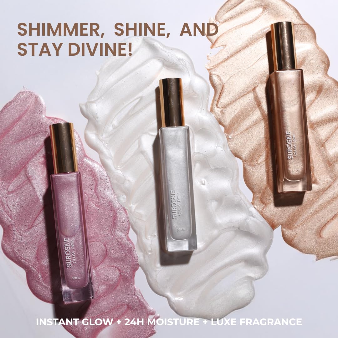 Suroskie Glow Drip Golden Hour, Silver & Pink Luxe 50Ml Each, (Pack Of 3 With Brush) | Shimmer For Radiant & Luminous Skin | Non-Greasy & Quick Absorbing Body Highlighter | Body Shimmer For Women