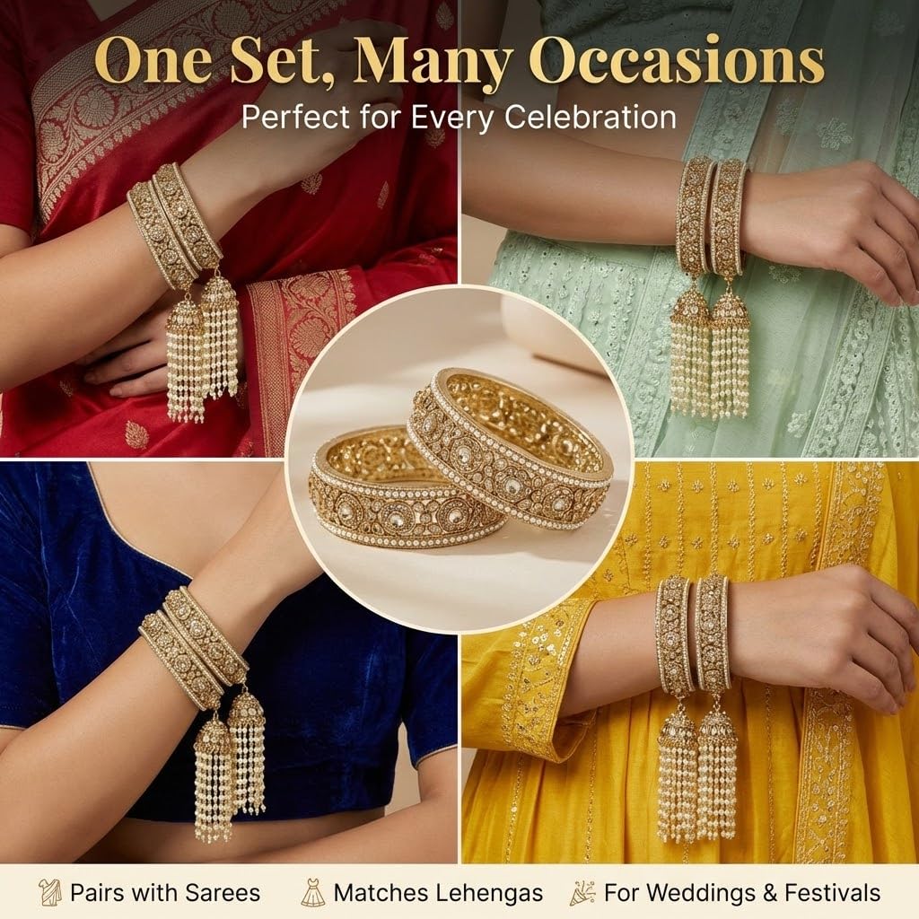 NMII Premium Alloy Latkan Kada Set Studded With Beads & Zircon Gemstone For Women & Girls | Traditional Pearls Kada Set | Kalira Bangles For Bridal | Dulhan Chudi Set For Wedding & Partys - Set Of 2