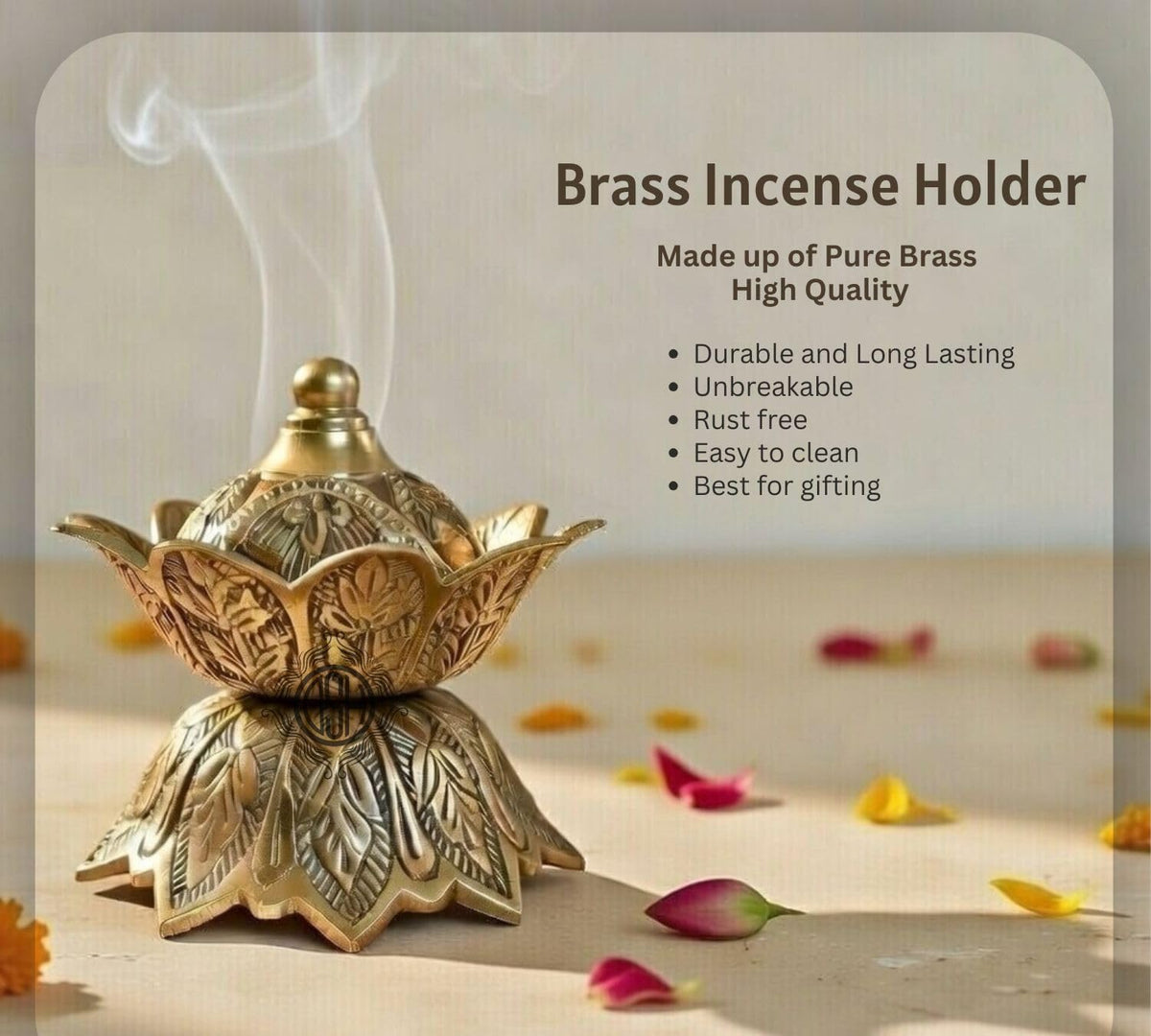 DSH Flower Design Dhoop Dani Brass Dhuna Loban Burner Round Dhooni Home Office Table-Top Incense Holder for Loban.