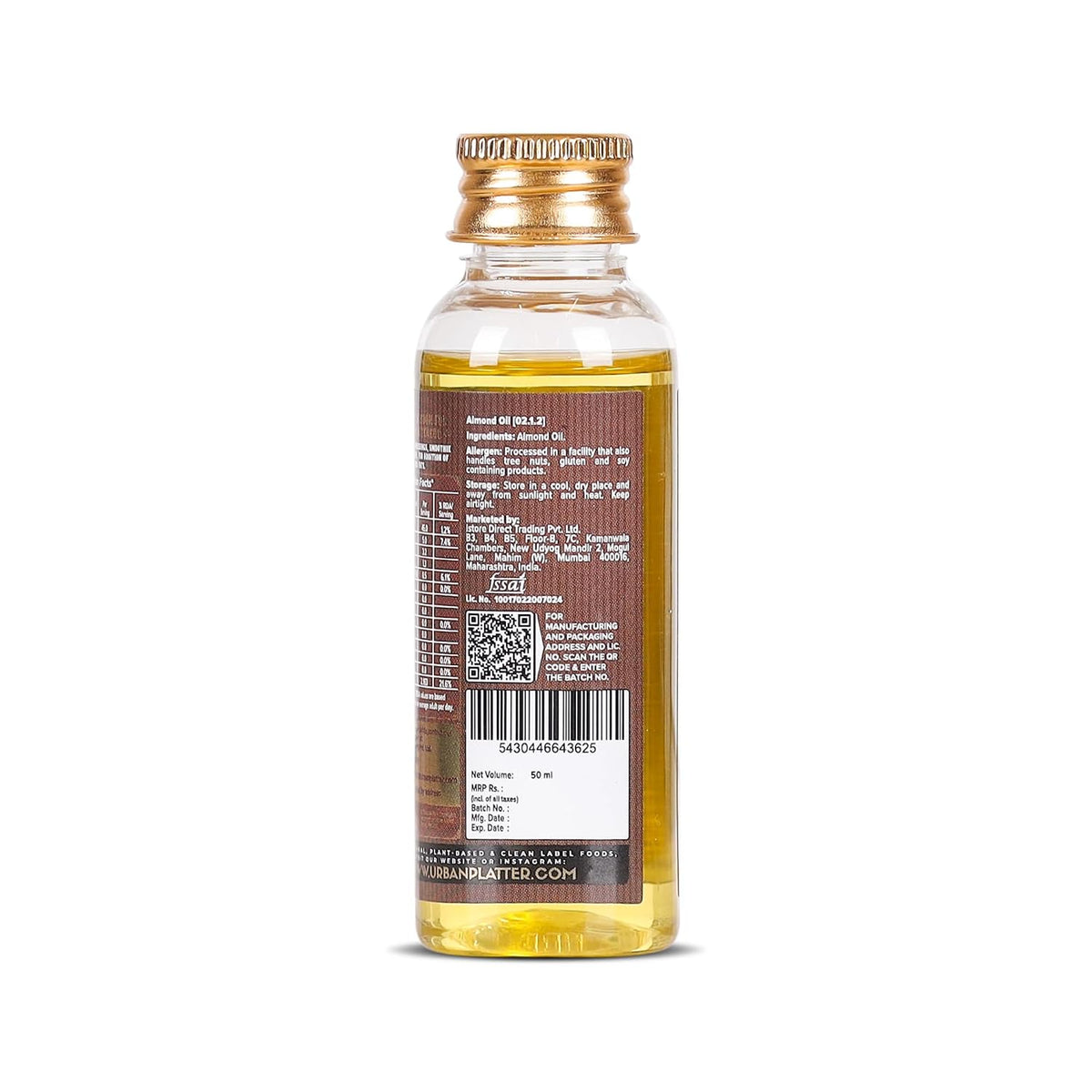 Urban Platter Cold Pressed Almond Oil, 50ml (Light Nutty Finishing Oil for Salads, Drizzling, Gourmet Baking & Natural Hair/Skin Nourishment)