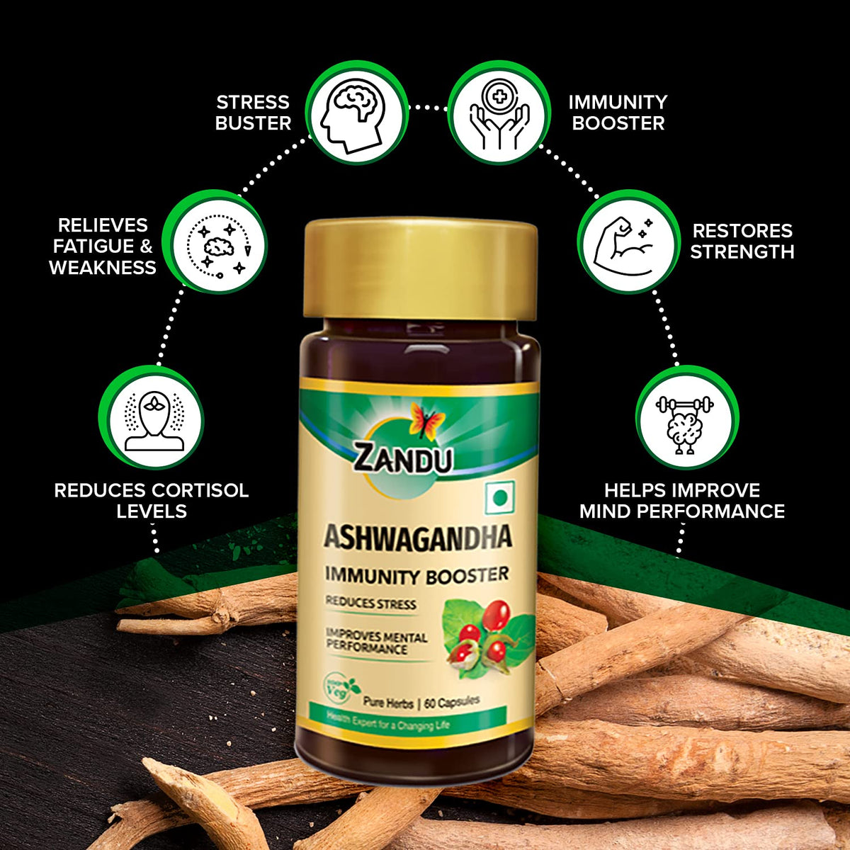 Zandu Ashwagandha Capsules, With Goodness of Natural Extracts of Ashwagandha, Helps Boost Immunity and Useful for Natural Body Strength, Stress Buster - (Pack of 60 Veg capsules x 2)