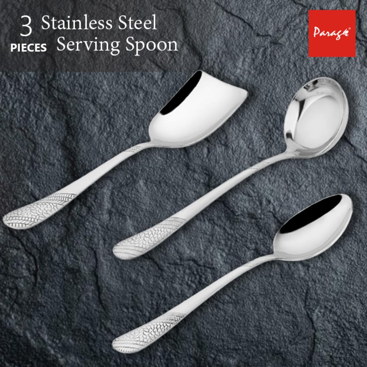 Parage 3 Pieces Stainless Steel Serving Spoons Set for Dining Table/Kitchen, 1.8 mm Heavy Gauge (1 Soup Ladle (Karchi), 1 Solid Spoon (Chamcha), 1 Rice Spoon), Silver (Pack of 3)