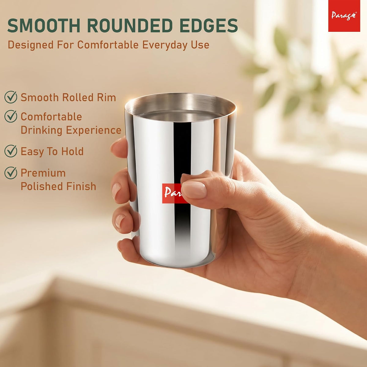 Parage 6 Pieces Stainless Steel Heavy Gauge Glass Set/Scratch Resistant, Serving Glass/ 300ml Glass for Water & Juice (Silver, Dia 6.5 cm, Hight 10 cm)