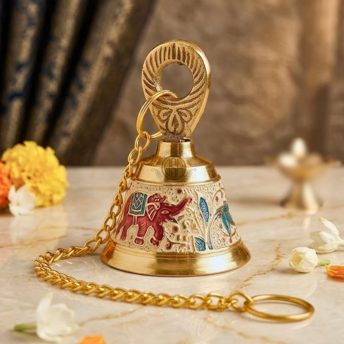 DSH Pure Brass Hanging Bell with Chain for Temple Mandir Door Home Decorative Ringing Bell (White, 1)