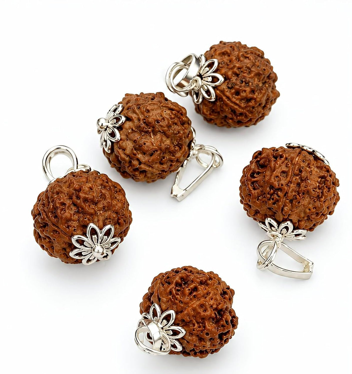 RUDRADIVINE 5 Mukhi Rudraksha Pendant with Red Mauli Thread for Puja, Meditation Pack of 5