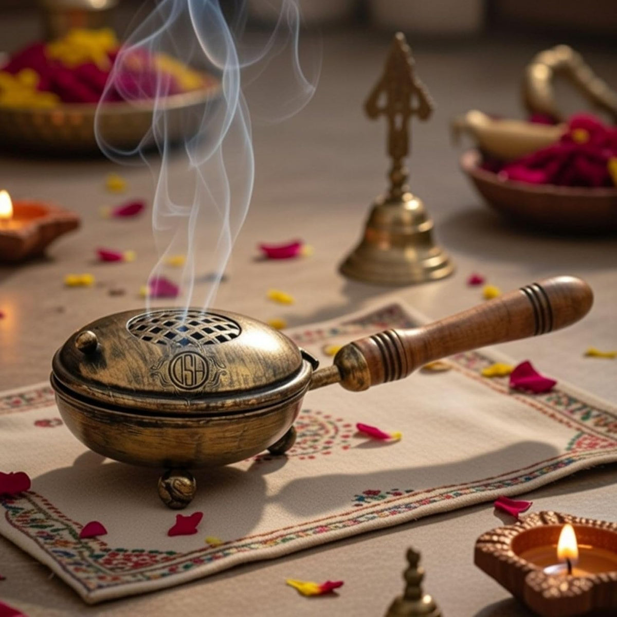 DSH Metal Incense Burner Loban Dani Dhup Dani for Puja Loban Burner with Handle Home Purifying Bakhoor Daan Black.(LBN-Jali-Gold-sml)