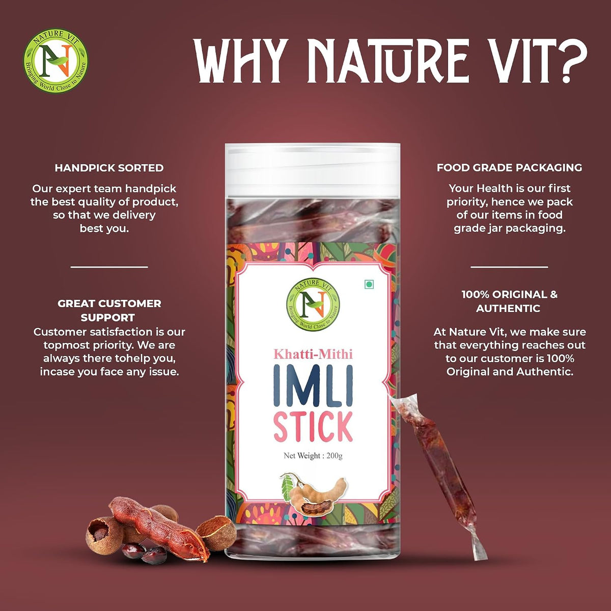NatureVit Imli Candy Sticks 400g – Khatti Meethi Tamarind Stick Candy | Sweet & Sour Mouth Freshener | Tangy Digestive Treat