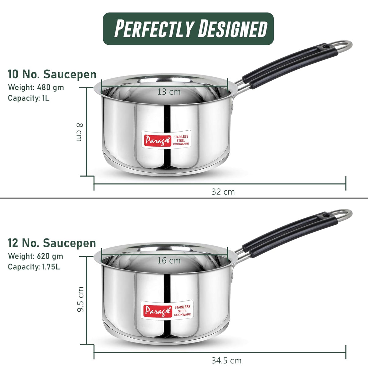 Parage 2 Pieces Stainless Steel Sauce Pan, Tea Pan, Milk Pan Heavy Gauge with Heat-Resistant Wire Handle Induction & Gas Stove Friendly (1 LTR & 1.75 LTR, Silver), 2.75 Liters