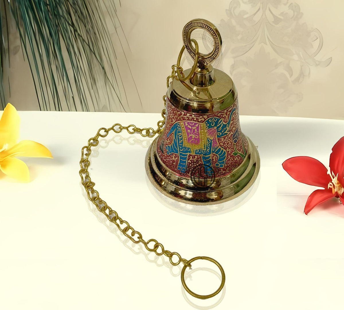 DSH Brass Multicolour Wall Hanging Bell Ghanta with Chain Temple Bell for Home Decor Wall Door Mandir Temple Pooja (Red, H-7 Inch)
