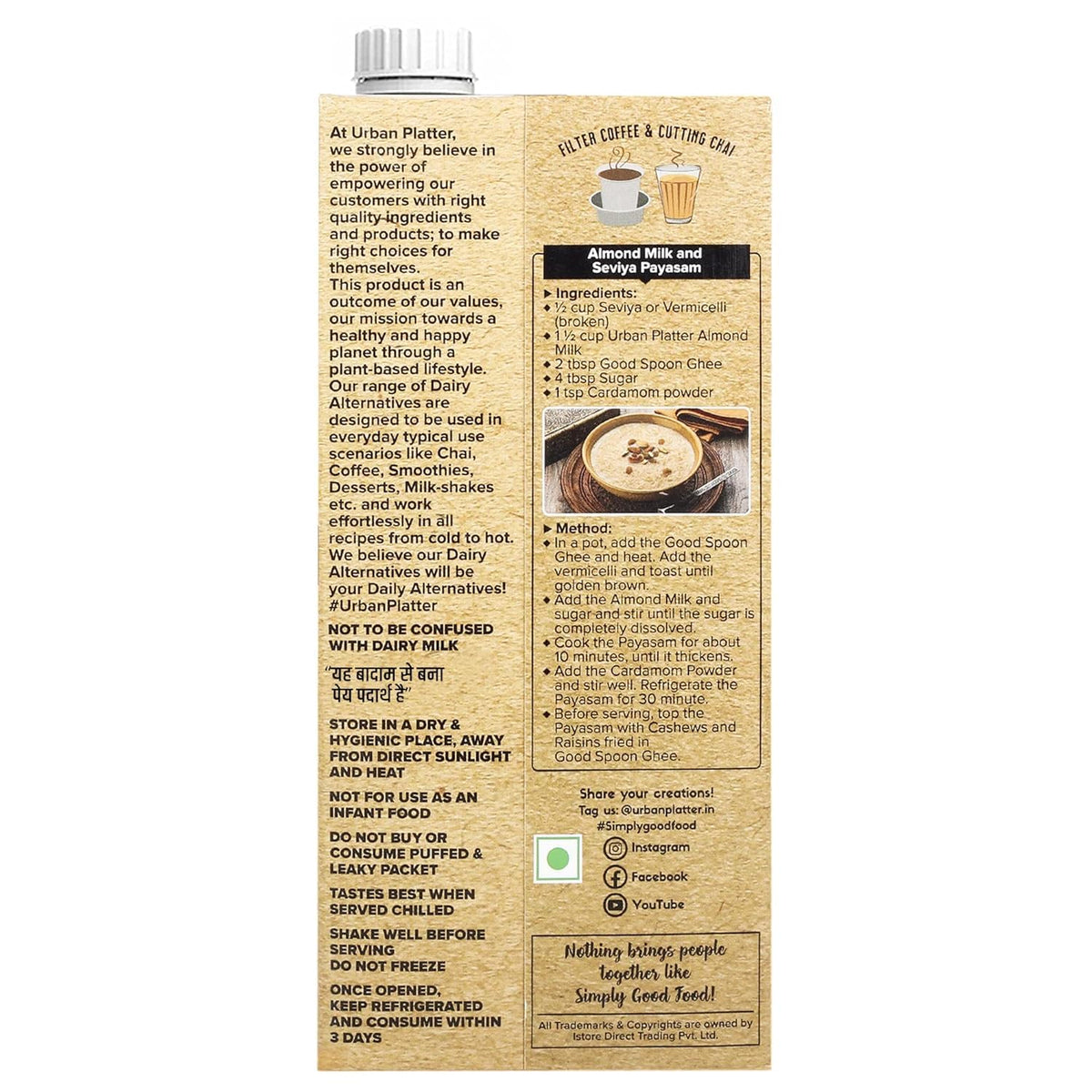 Urban Platter Almond Milk, 1 Litre (Unsweetened | Lactose-Free | Plant-Based Milk Alternative | Works Beautifully in Tea and Coffee) (Pack of 3)