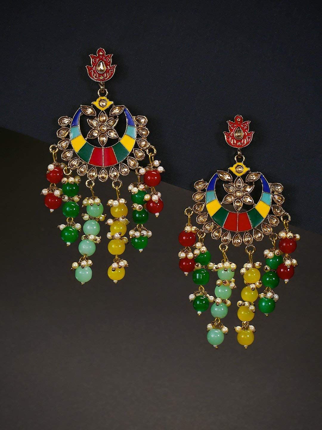 Priyaasi Gold-Plated Stone Studded Multicolor Meenakari Waterfall Earrings In Chandbali Style