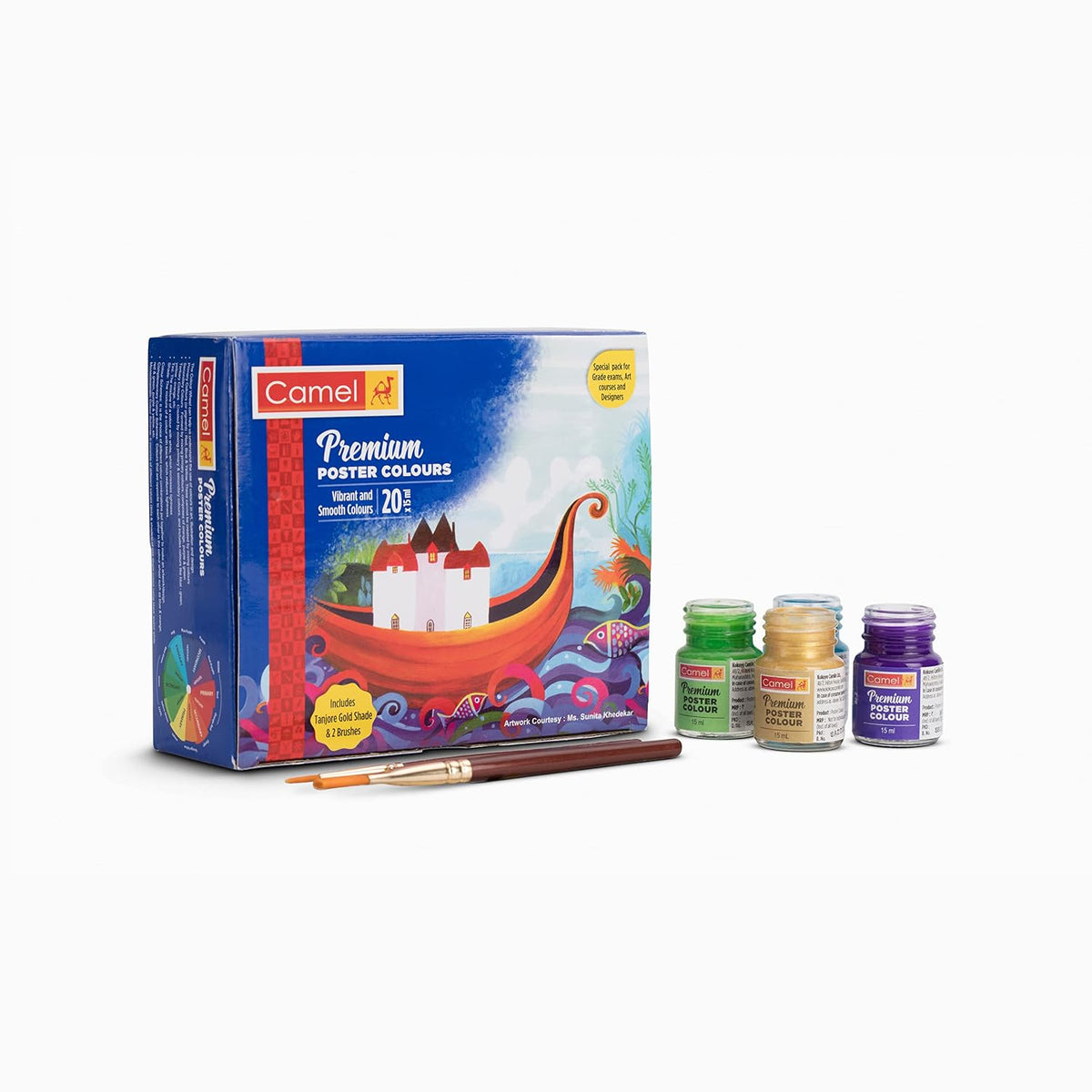 Camel Premium Poster Colour with Brush - 20 Shades (Multicolor) Artist Water Colour Cake Set - Pack of 24 (Blue)