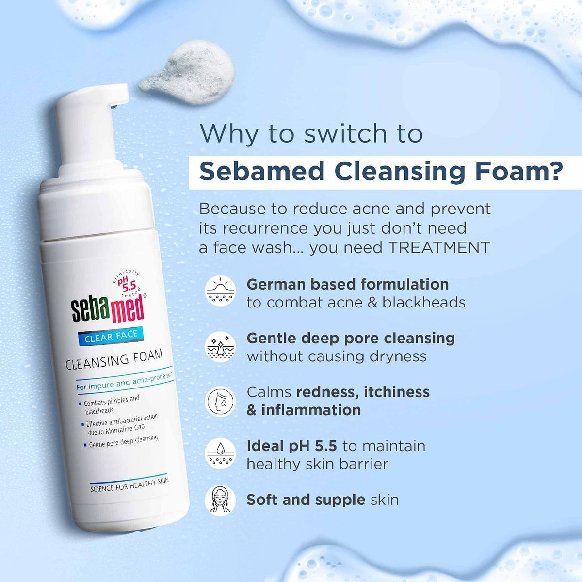 Sebamed Clear Face Cleansing Foam| pH 5.5 | Combats pimples with Montaline C40 | Deep pore cleansing | Dermatologically & clinically tested | 150ml (Pack of 2)