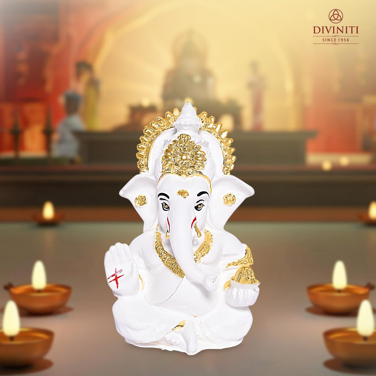 DIVINITI 24K Gold Plated Resin Lord Ganesha Idol for Car Dashboard, Tabletop|Ganesh Statue for Good Luck and Success|Ganpati Murti for Home Decor Mandir, Office Desk Puja Gift White (8.4x4.2cm)