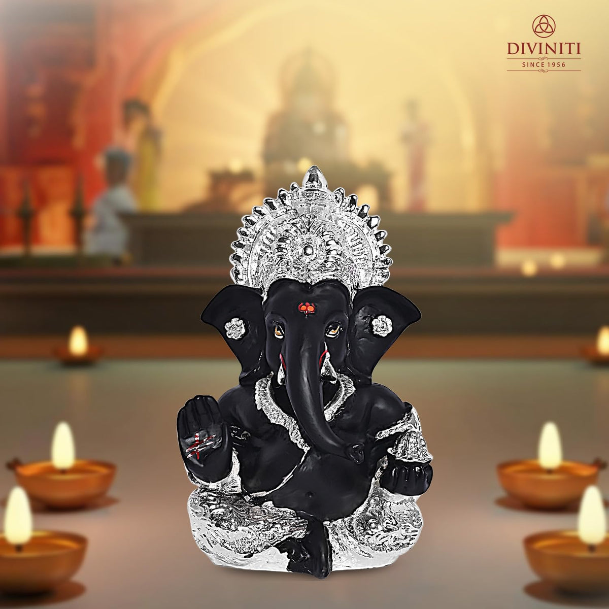 DIVINITI 999 Silver Plated Resin Lord Ganesha Idol for Car Dashboard, Tabletop|Ganesh Statue for Good Luck and Success|Ganpati Murti for Home Decor Mandir, Office Desk Puja Gift Black (8.4x4.2cm)