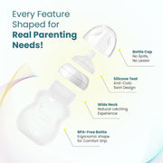 Mother Sparsh FeedoCare 150ml Wide Neck Plastic Baby Feeding Bottle | Ideal for 3 Months+ | Natural Feeding Flow | with Floezy Teat- Releases Milk only When Baby Drinks