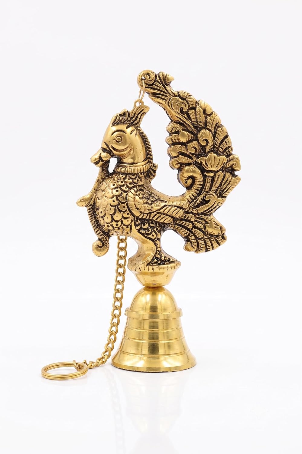 KridayKraft Decorative Peacock Design Hanging Bell for Home Decor, Antique Gold Finish Metal Door Hanging, Spiritual Wall Hanging for Living Room, Entrance & Temple - 35 cm Length