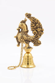KridayKraft Decorative Peacock Design Hanging Bell for Home Decor, Antique Gold Finish Metal Door Hanging, Spiritual Wall Hanging for Living Room, Entrance & Temple - 35 cm Length