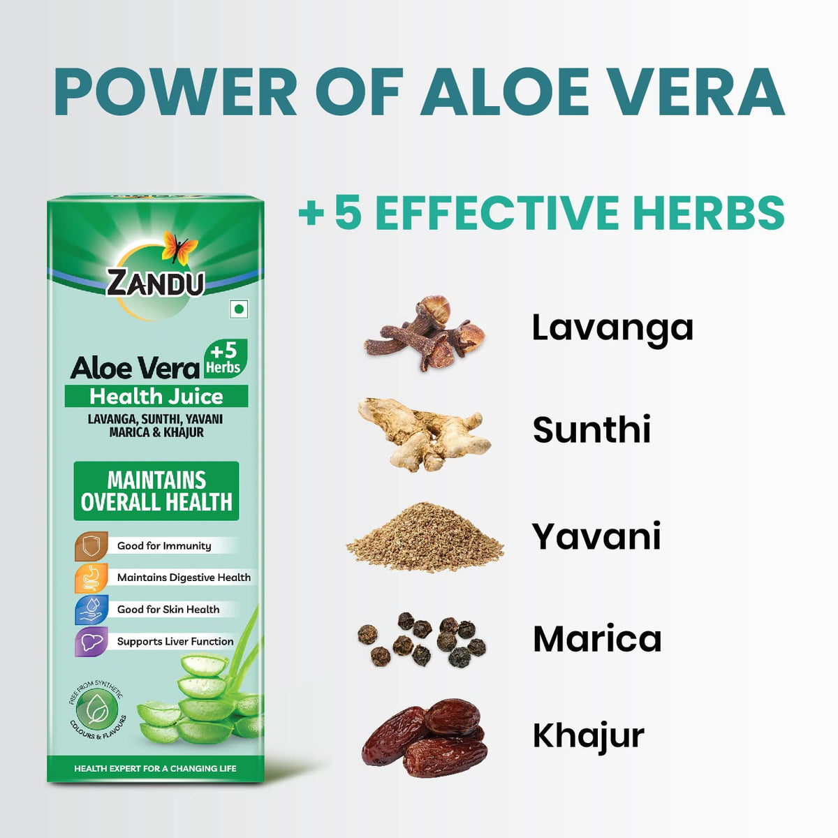 Zandu Aloe Vera + 5 Herbs Health Juice | Ayurvedic Immunity Booster | Good for Digestive Health, Skin Health & Liver Function | No Added Sugar (1000ml)