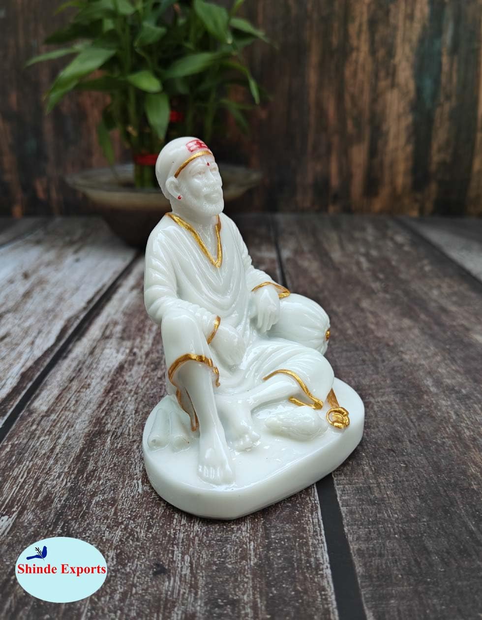 SHINDE EXPORTS shirdi saibaba Idol Marble/saibaba Idol for car Dashboard 11 cm (White Golden jari dwarkamai)