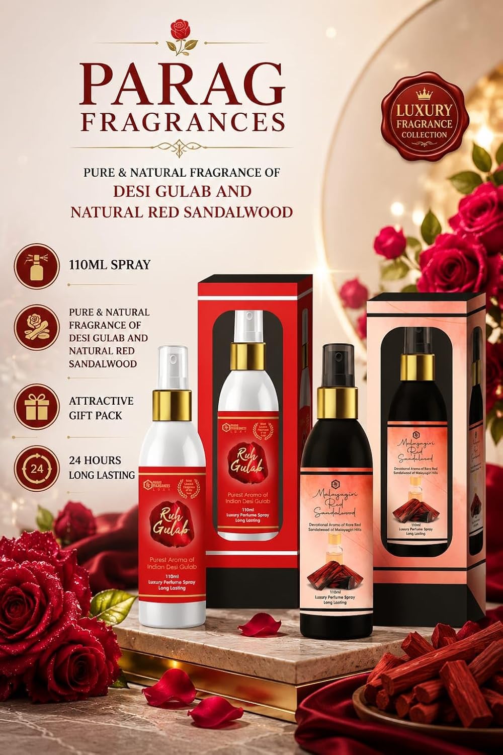Parag Fragrances Maliyagiri Red Sandalwood Spray 110ml / Long Lasting Natural Perfume Spray of Red Sandalwood