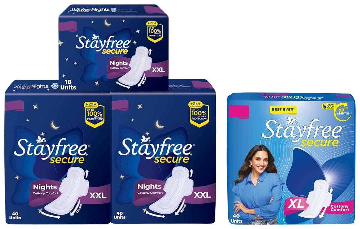 Stayfree Secure Night Sanitary Napkins for Women (98 Pads), Combo – & Stayfree Secure xl 40 Pads Cottony Soft Sanitary Pads for Women With LeakLock Technology
