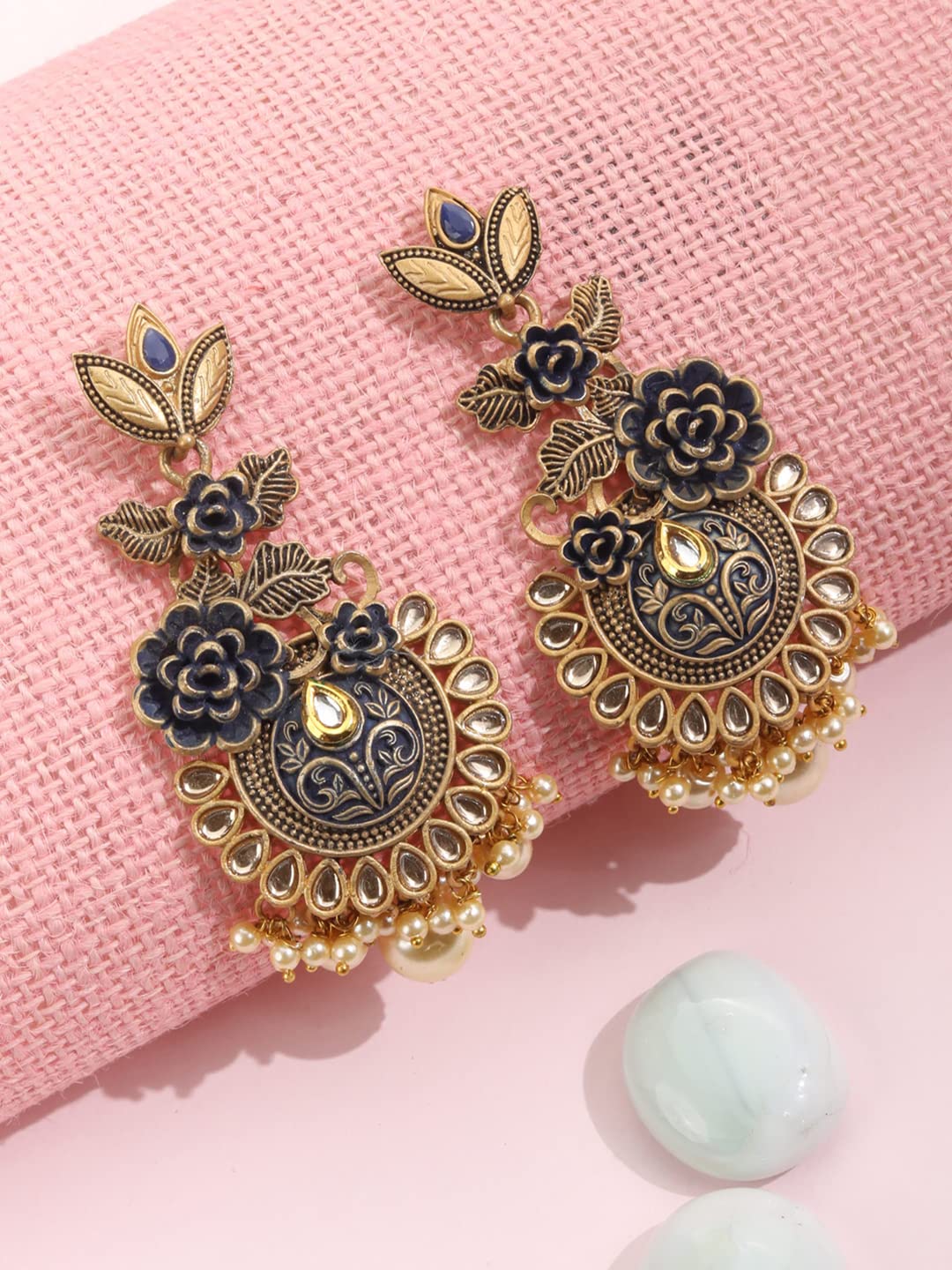 Priyaasi Black Kundan Beads Pearls Gold Plated Floral Drop Earring