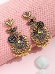 Priyaasi Black Kundan Beads Pearls Gold Plated Floral Drop Earring